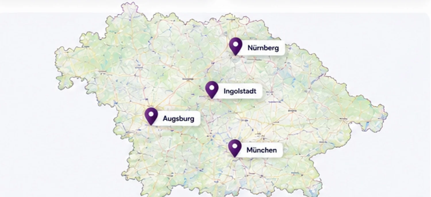 Karte Bayern mit München, Augsburg, Nürnberg und Ingolstadt